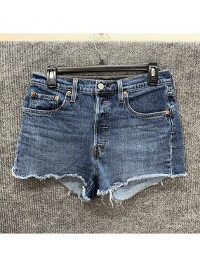 Levi's 501 Shorts Womens 29 Blue Denim Button Fly Distressed Cutoff Stretch